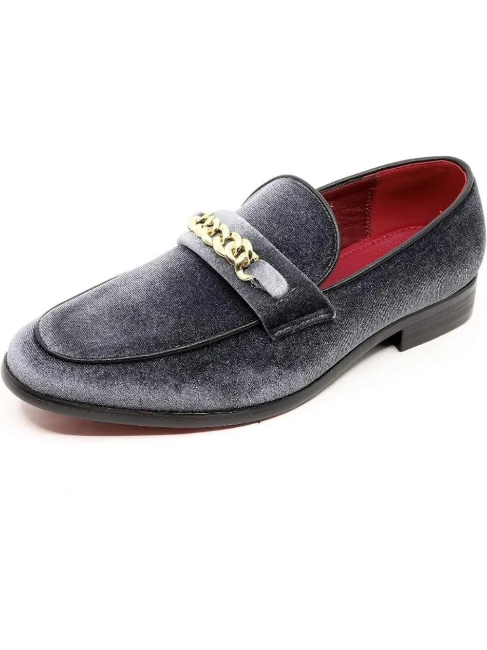 Metrocharm Men's Grey Vintage Velvet Loafers Gold Chain Buckle Slip On Shoes